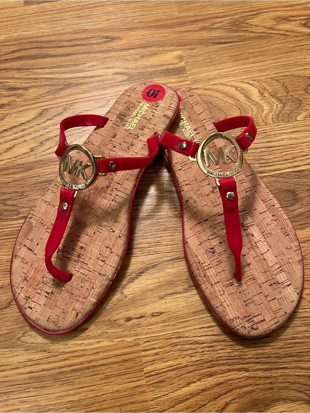 Michael Kors Red Logo Charm Jelly T-Strap Cork Sandals/Flip Flops.